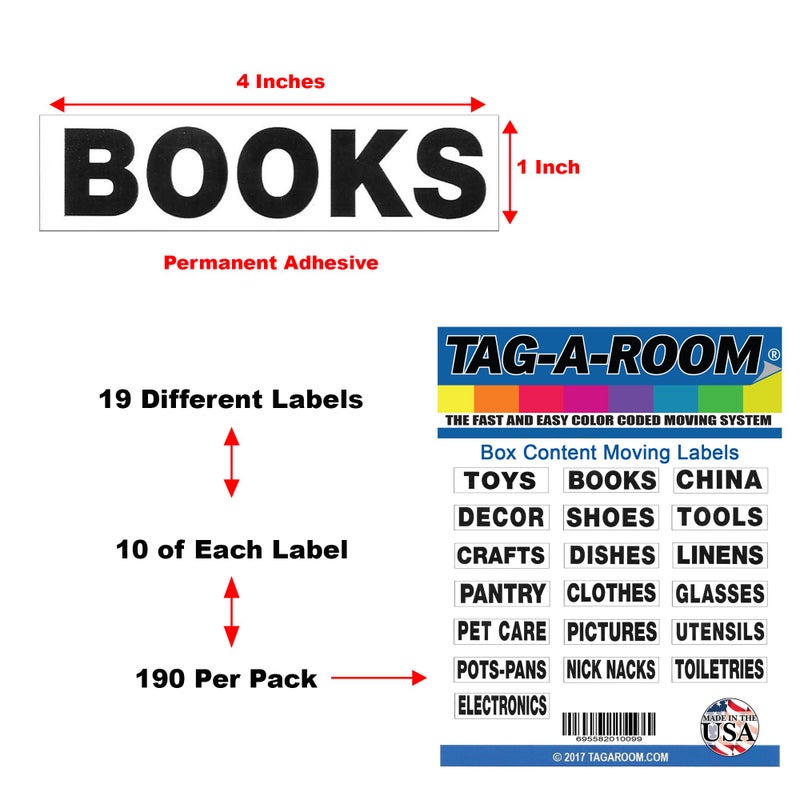 Tag-A-Room Moving Labels Content Pro Pack, 19 Content Labels, 190 Count, 1" x 4" Permanent Color Coding Moving Stickers, Moving Supplies - Image 2